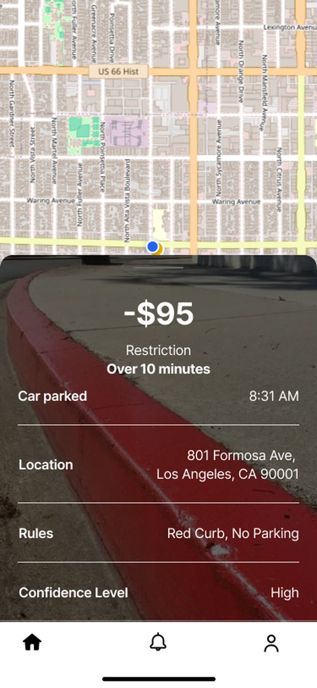 Curb detail screen showing the parked spot on a map, the fine, the location, the rule, and the confidence level.